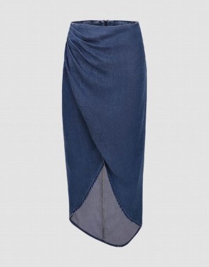 Blue Urban Revivo Wrapped Straight Midi Women's Denim Skirt | GPLKOZ-821