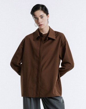 Brown Urban Revivo Basic Button Up Women's Shirts | UVPOHB-217