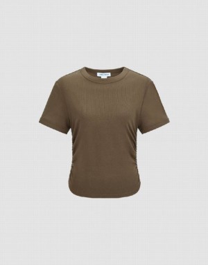 Brown Urban Revivo Crew Neck Skinny Women's T-Shirts | SWPFID-317