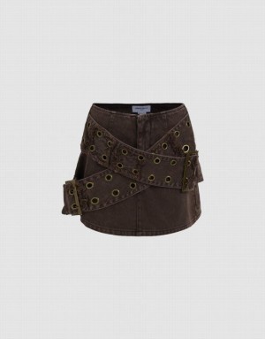 Brown Urban Revivo Double Buckles Mini Straight Women's Denim Skirt | YQIJVM-150