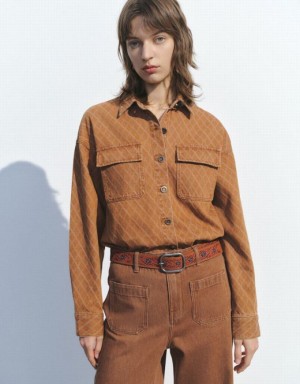 Brown Urban Revivo Embossed Denim Women's Shirts | KHNLMG-143