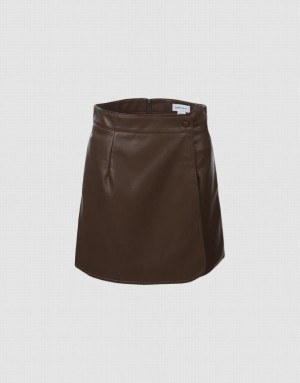 Brown Urban Revivo Faux Leather Wrapped Women's Skirts | FOAGRQ-341