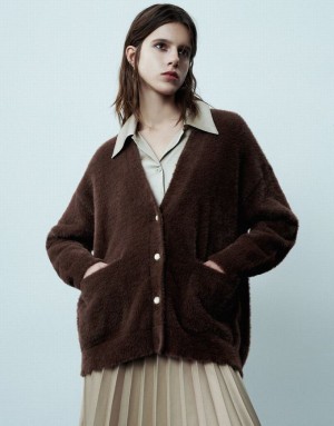 Brown Urban Revivo Furry V-Neck Knitted Women's Cardigan | VPCJYA-128