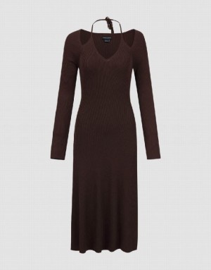 Brown Urban Revivo Halter Neck Skinny A-Line Women's Knitted Dress | RWILVM-457