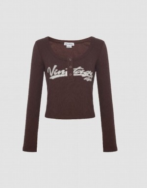 Brown Urban Revivo Letter Print With Press Buttons Women's T-Shirts | CDSWKE-701