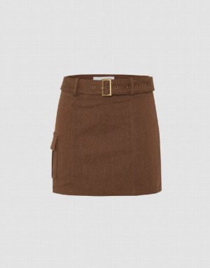 Brown Urban Revivo Mini Straight Knitted With Belt Women's Skirts | YXVJFM-754