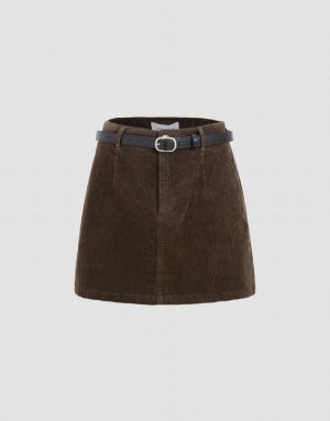 Brown Urban Revivo Mini Straight With Belt Women's Skirts | GDQNXV-372