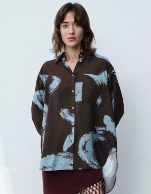 Brown Urban Revivo Printed Straight Women's Shirts | IEFMAX-483