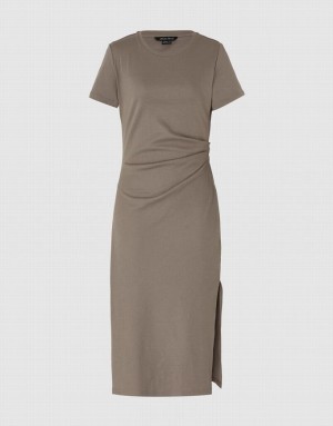 Brown Urban Revivo Ruched Crew Neck Straight Women's Dress | NQYGZU-471