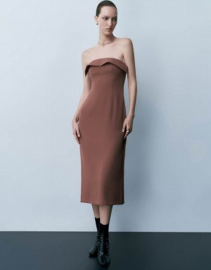 Brown Urban Revivo Sleeveless Off-Shoulder Skinny Women's Dress | JDETRV-782