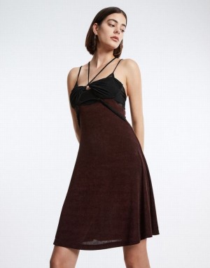 Brown Urban Revivo Spliced Sheer Mesh Cami Women's Dress | RWSOUK-618