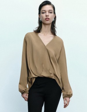 Brown Urban Revivo Surplice Front V-Neck Overhead Women's Blouse | KRQZEG-246