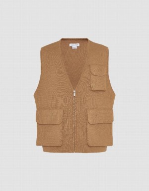 Brown Urban Revivo V-Neck Knitted Waistcoat Men's Coats | ECJHNU-254