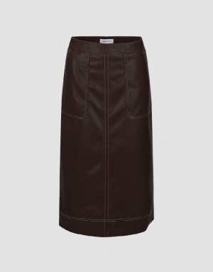 Brown Urban Revivo Vegan Leather Midi Straight Women's Skirts | OWKJDG-378