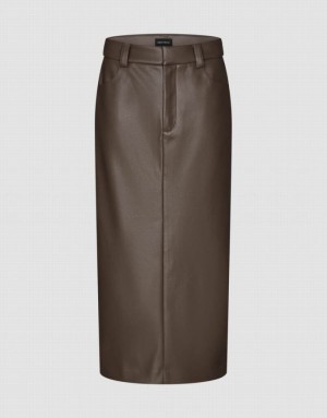 Brown Urban Revivo Vegan Leather Midi Straight Women's Skirts | UKRTWP-280