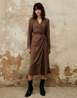 Brown Urban Revivo Wrap A-Line Women's Dress | WUVIJF-652