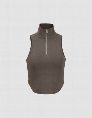 Brown Urban Revivo Zip Half Placket Women's Tank Top | CLYONI-186