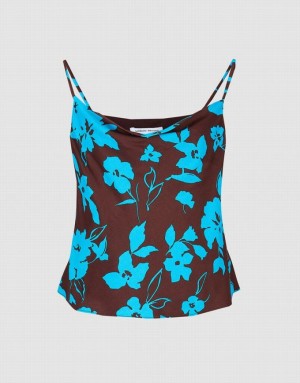 Brown / Blue Urban Revivo Floral Print Cowl Neck Women's Camisole | YIMTAF-821