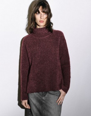 Burgundy Urban Revivo Stand Collar Straight Women's Sweaters | QFTZDC-940