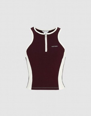 Burgundy Urban Revivo Zip Half Placket Cropped Women's Tank Top | WMECBA-632