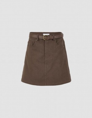 Coffee Urban Revivo Mini A-Line With Belt Women's Denim Skirt | SOIGAC-168