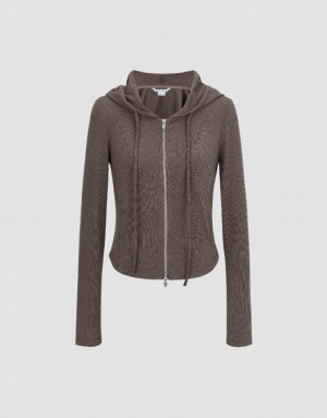 Coffee Urban Revivo Zipper Front Hooded Skinny Women's Jacket | XPCKZD-219