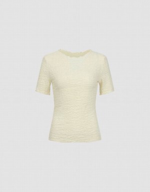 Cream Urban Revivo Shirred Crew Neck Skinny Women's T-Shirts | QFEGDJ-238