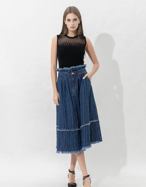 Dark Blue Urban Revivo Striped Raw Hem Midi A-Line Women's Denim Skirt | XMWYBL-829