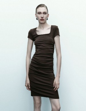 Dark Brown Urban Revivo Asymmetric Ruched Skinny Women's Dress | UCDALY-628