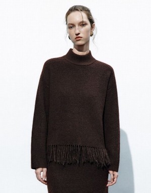 Dark Brown Urban Revivo Crew Neck Knitted With Tassel Women's Cardigan | QTHGUO-297