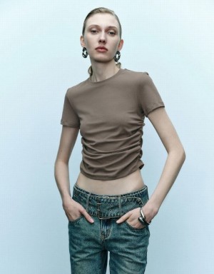 Dark Brown Urban Revivo Crew Neck Skinny Women's T-Shirts | OPXTMI-637