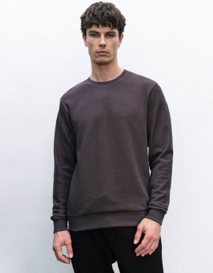 Dark Grey Urban Revivo Crew Neck Straight Men's Sweatshirts | GWSUQY-239