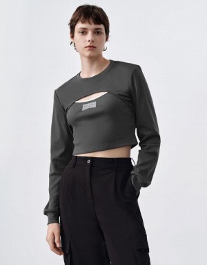 Dark Grey Urban Revivo Cut-Out Crew Neck Knitted Women's T-Shirts | UFMWRT-213