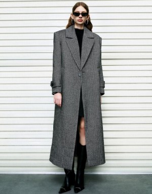 Dark Grey Urban Revivo Notch Lapel Straight Woolen Women's Coats | RHLFJZ-748