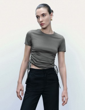 Dark Grey Urban Revivo Tie Side Crew Neck Skinny Women's T-Shirts | LPYVWA-142