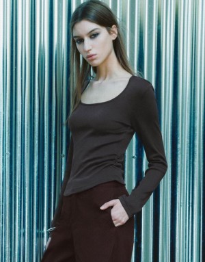 Dark Grey Urban Revivo U Neck Knitted Women's T-Shirts | ZBXJAO-863