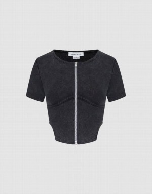 Dark Grey Urban Revivo Zipper Front Crew Neck Women's Shirts | LCGKOD-915