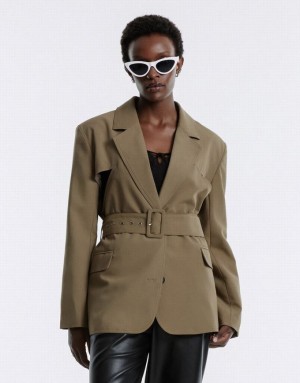 Dark Khaki Urban Revivo Buckle Belted Women's Blazers | IARZNF-398