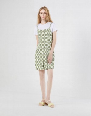 Green Urban Revivo 2 In 1 Checkered Floral Women's Denim Dress | NABQKZ-867