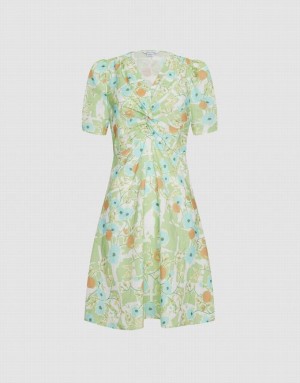 Green Urban Revivo Allover Print Twist Front Puff Sleeve Women's Casual Dress | ARIVYC-825