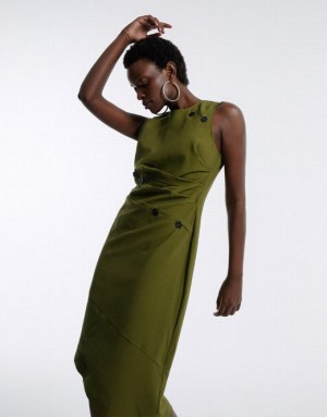 Green Urban Revivo Asymmetrical Buttoned Midi Women's Midi Dress | KQYSHR-548