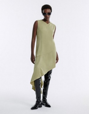 Green Urban Revivo Asymmetrical Hem Sleeveless Women's Casual Dress | JBQNAW-862