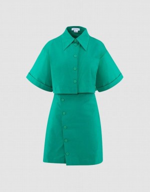 Green Urban Revivo Button Down A-Line Collar Women's Shirt Dress | ZDLPVF-827