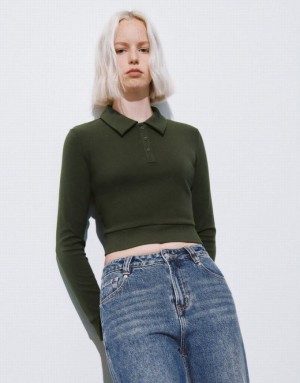 Green Urban Revivo Button Half Placket Cropped Knitted Women's T-Shirts | ESRGFX-283