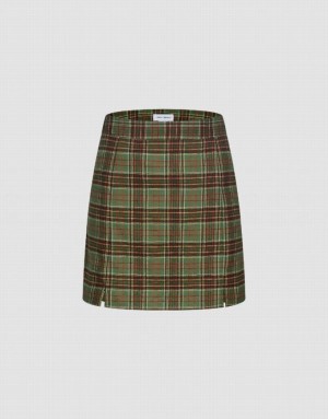 Green Urban Revivo Checkered Mini A-Line Women's Skirts | VQASUZ-064