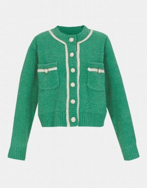 Green Urban Revivo Contrast Trim Faux Pearl Button Women's Cardigan | BYFNGJ-137