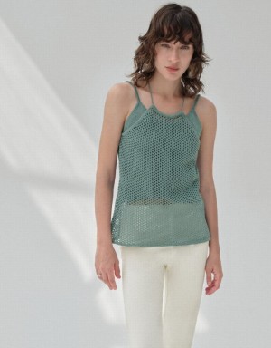 Green Urban Revivo Crochet Kntted Cami Top Women's Cardigan | CJFIVT-915