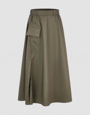 Green Urban Revivo Elastic Waist Midi A-Line Women's Skirts | WRGKBZ-519