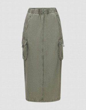 Green Urban Revivo Elastic Waist Straight Women's Denim Skirt | WKMSQI-715