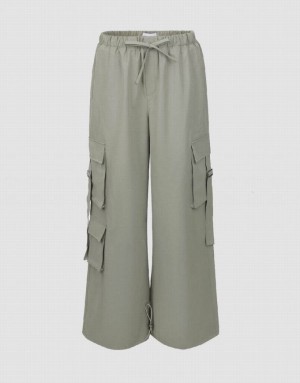 Green Urban Revivo Elastic Waist Wide-Leg Women's Pants | IRFOKZ-536